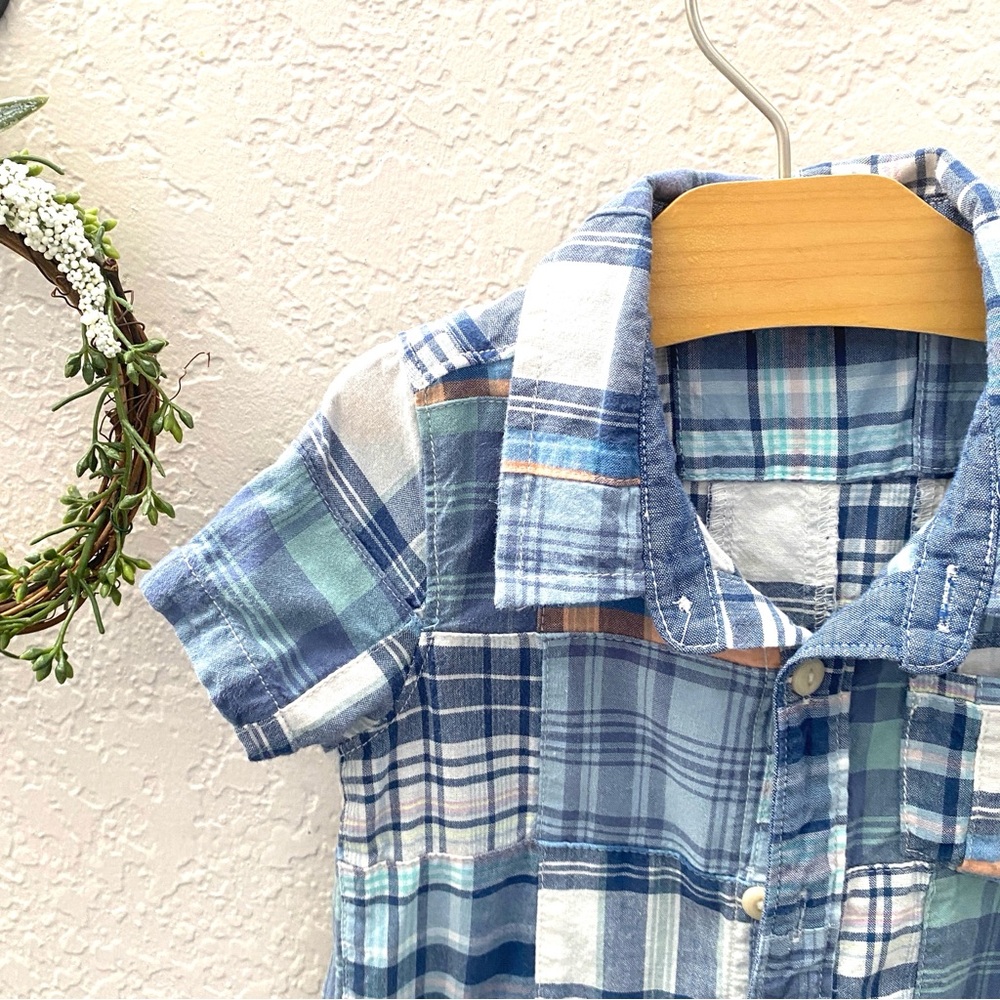 Baby Gap Boy Spring Patchwork Blue Romper ~ Size 12-18m